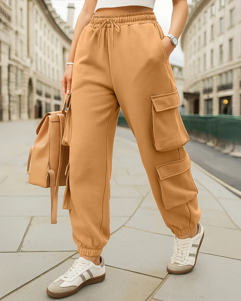 بيواكوف Women's Camel Brown Super Loose Fit Brushed Cargo Joggers